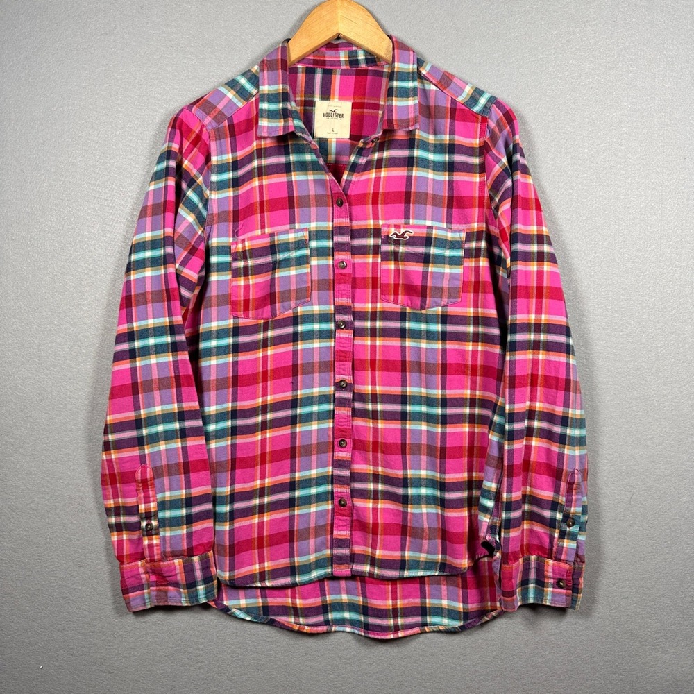 Hollister California Flannel Button Down Women Size Large Pink Purple Plaid